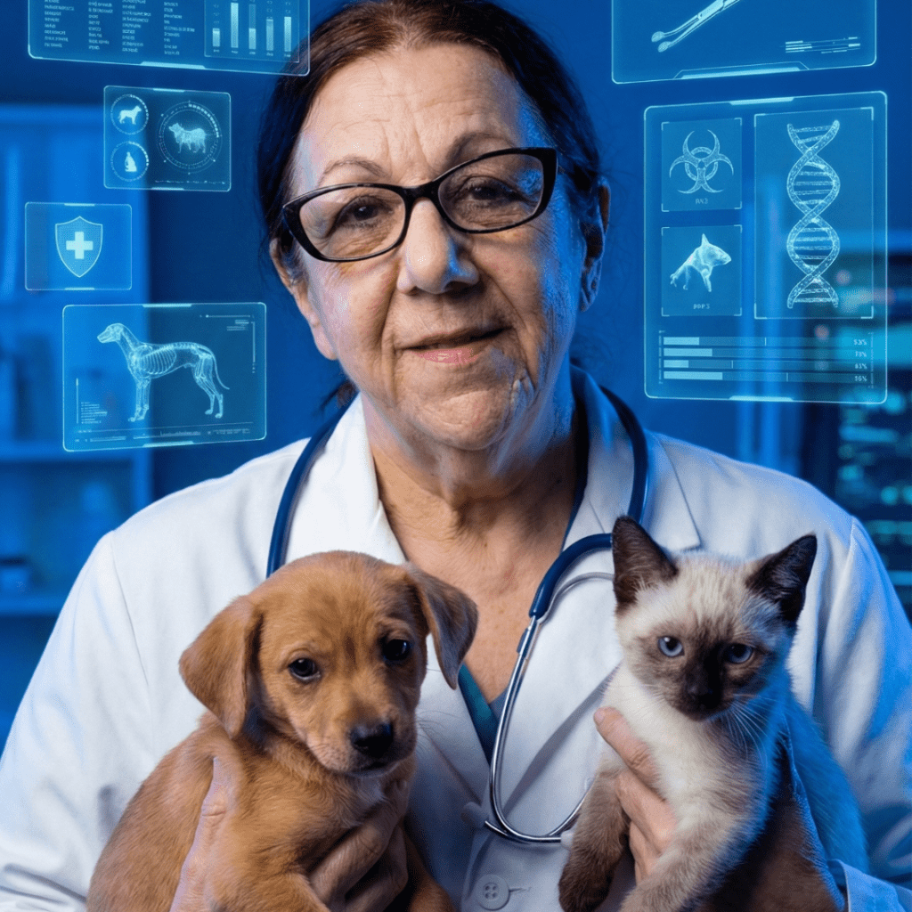 Médica veterinária segurando um cachorro e um gato em uma clínica veterinária